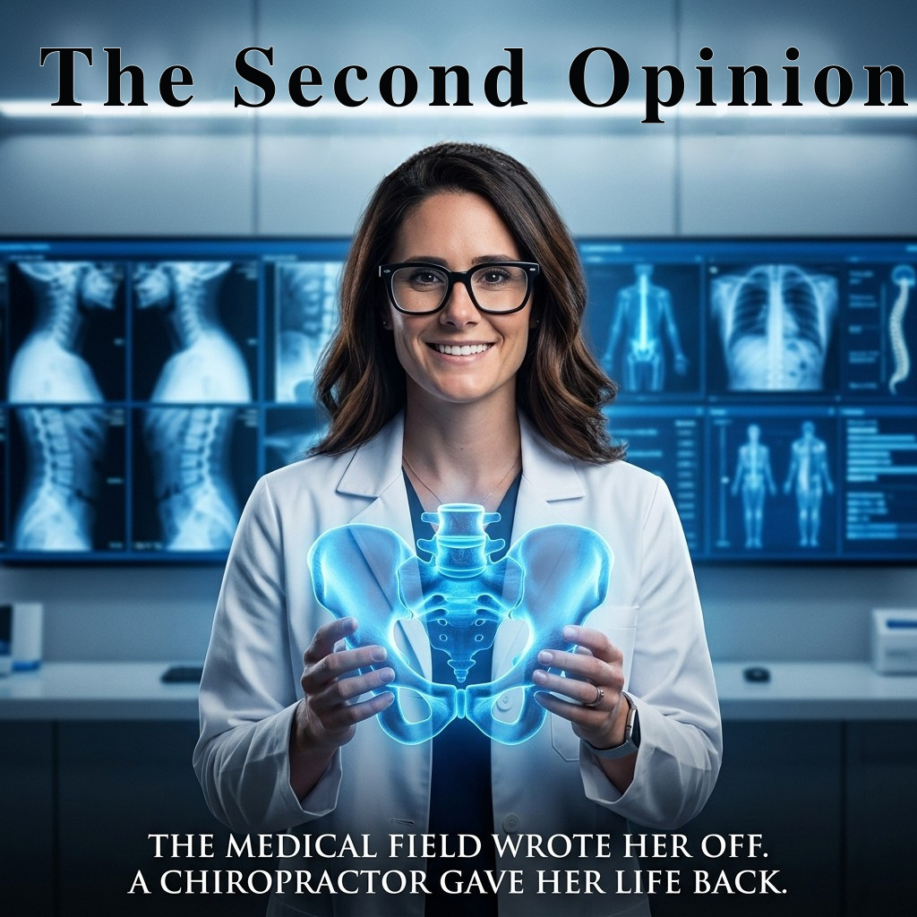 The Second Opinion — Dr. Abi in a lab coat holding a glowing pelvic-bone hologram in front of medical monitors, blue clinical lighting