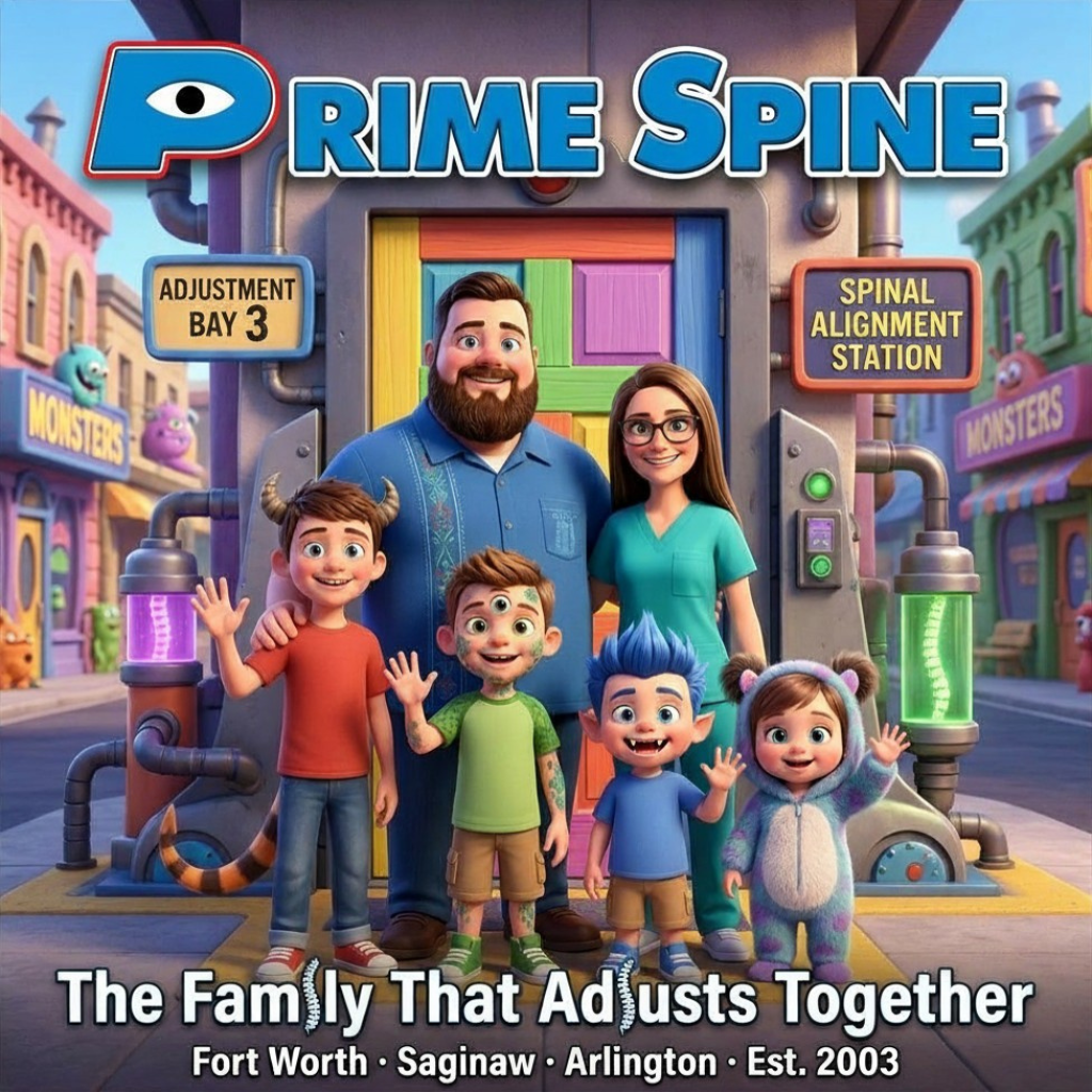 Prime Spine+ — Pixar-style family portrait of the MacMullins inside the clinic, subtitle The Family That Adjusts Together