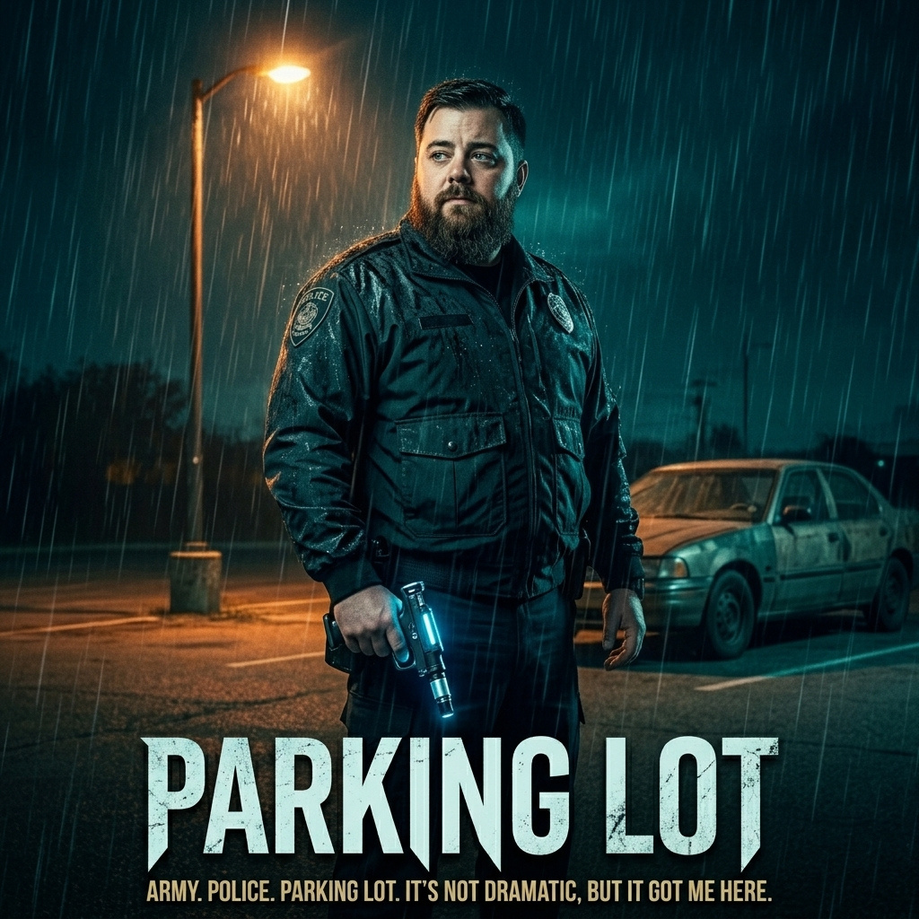 Parking Lot — cinematic poster of Dr. Mac in police uniform meeting the chiropractic recruiter who would change his career