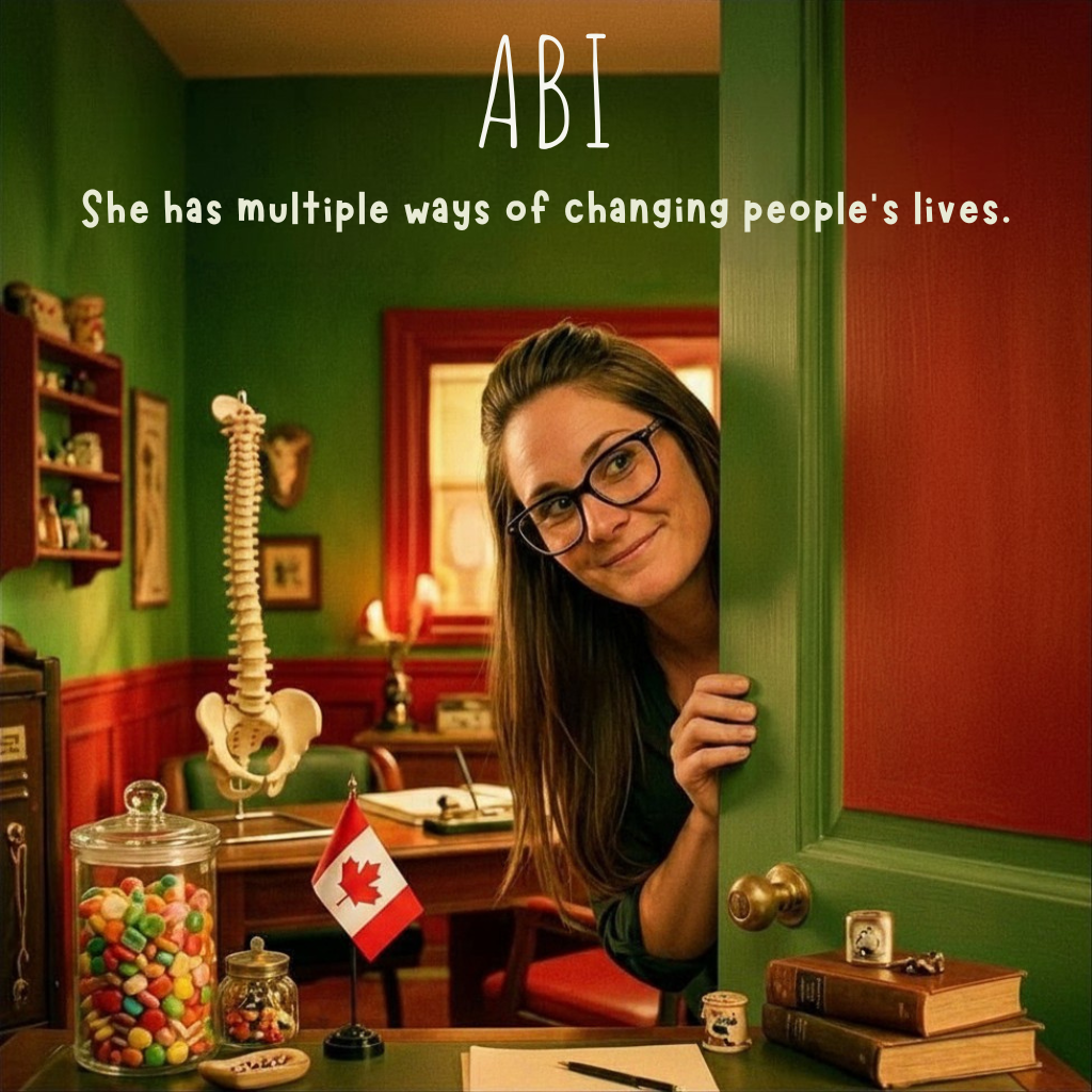 ABI — Dr. Abi in glasses peeking through a doorway into a colorful office with a spine model and candy jar; subtitle reads She has multiple ways of changing people's lives