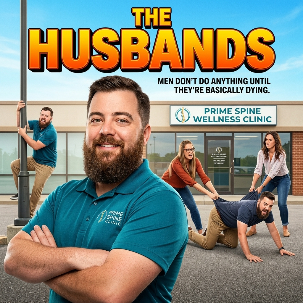 The Husbands — comedic ensemble poster of reluctant husbands finally arriving at the chiropractor with their wives