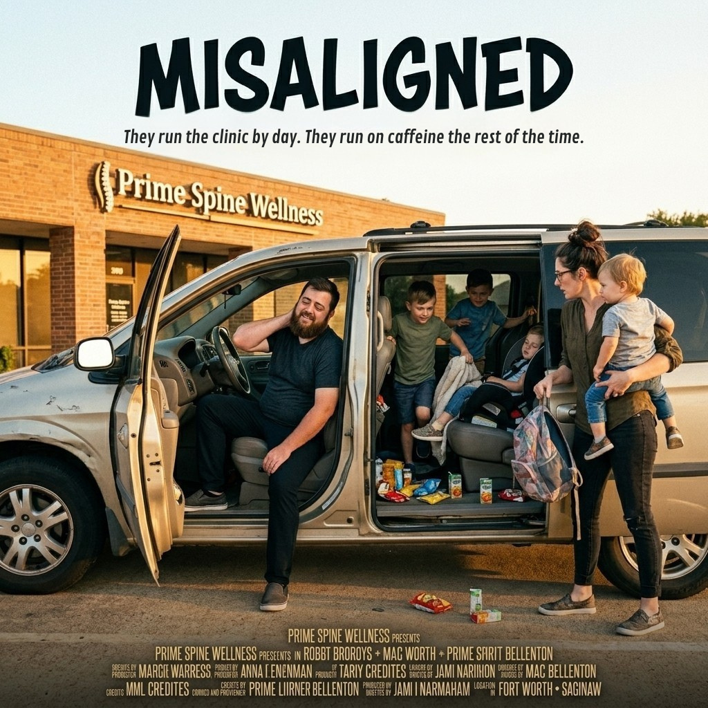 Misaligned — the MacMullin family unloading kids from a minivan outside Prime Spine Wellness, tagline They run the clinic by day. They run on caffeine the rest of the time.