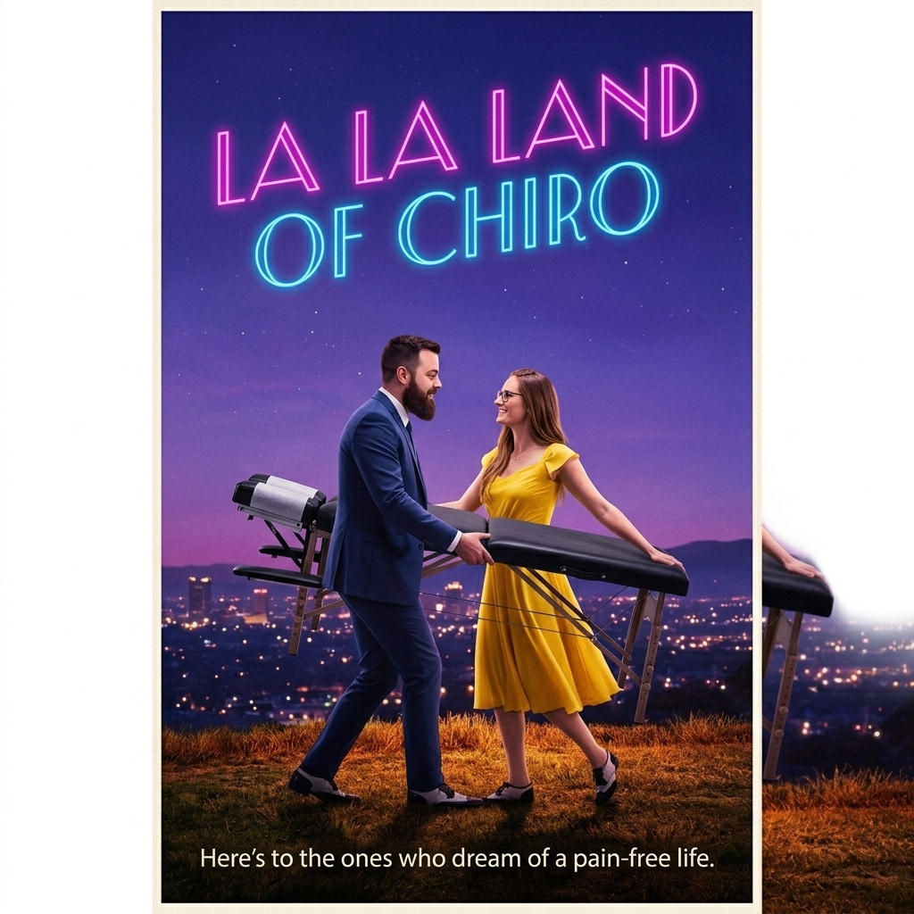 La La Land of Chiro — Dr. Mac and Dr. Abi dancing under a neon skyline, tagline here's to the ones who dream of a pain-free life