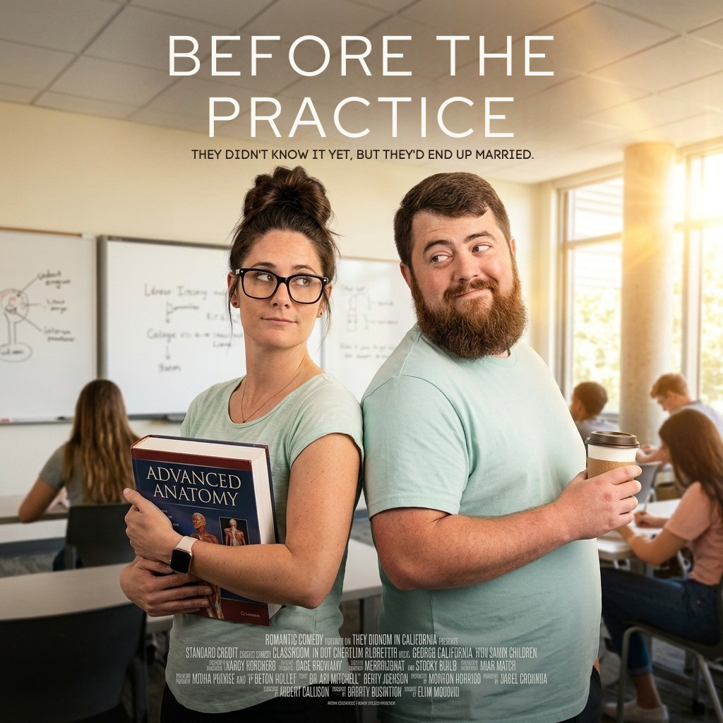 Before the Practice — Dr. Mac and Dr. Abi as students back-to-back in their California chiropractic-school classroom, origin-story poster