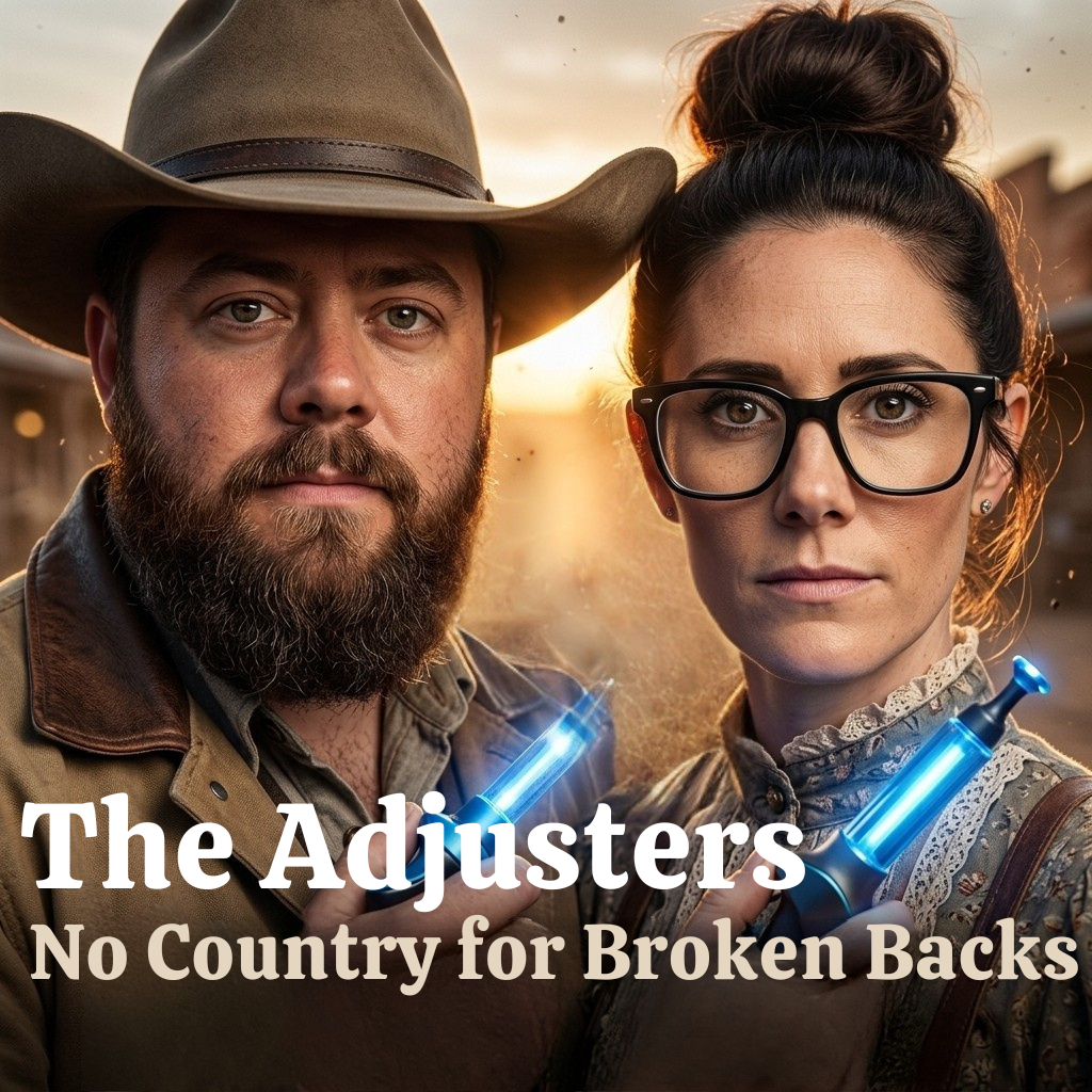 No Country for Broken Backs — Western movie-poster portrait of Dr. Mac and Dr. Abi against a wide Texas desert horizon