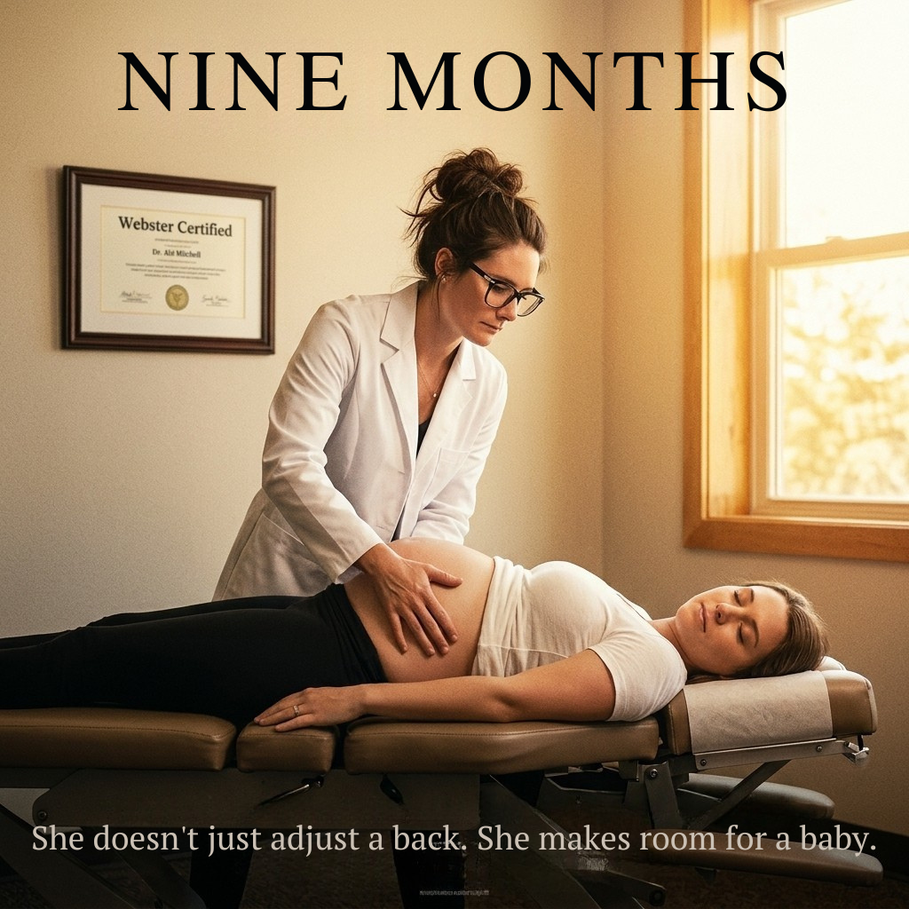 Nine Months — Dr. Abi performing a prenatal chiropractic adjustment on a pregnant patient, movie-poster style