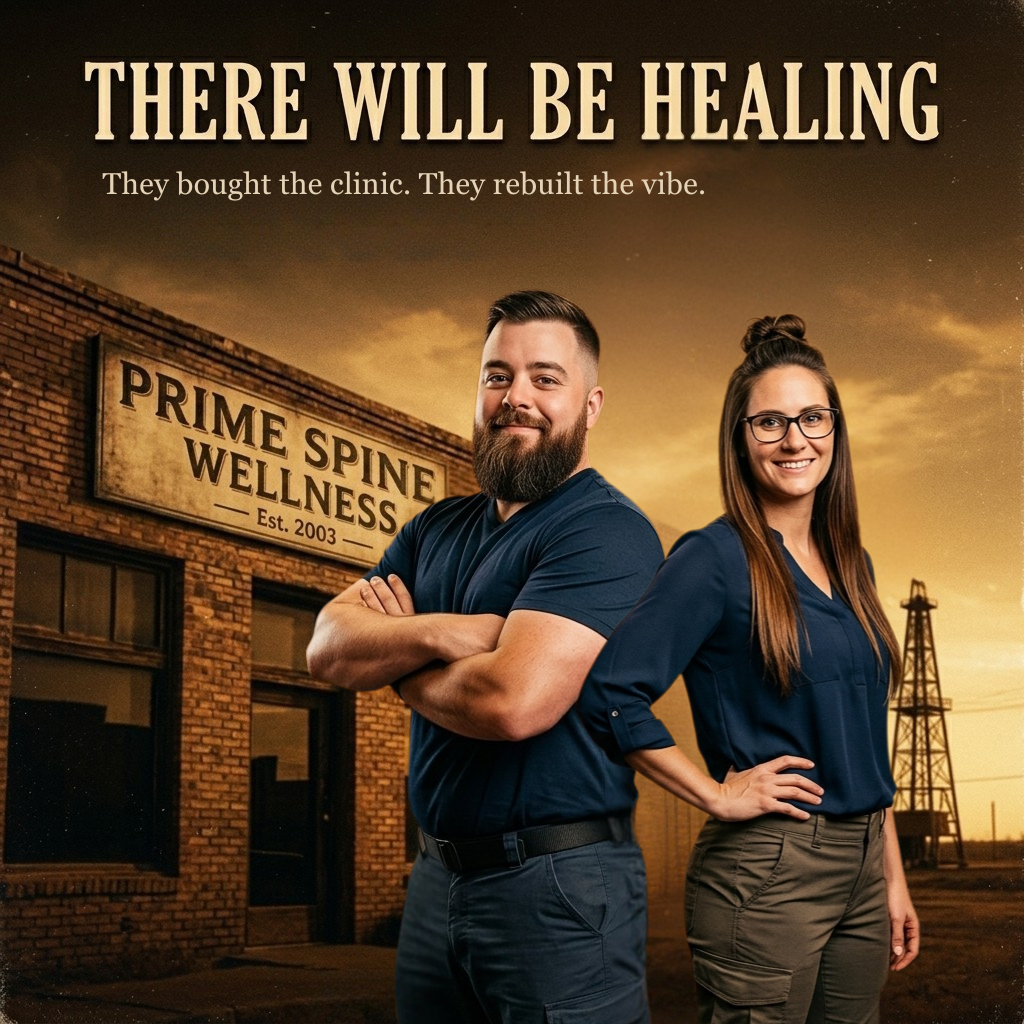 There Will Be Healing — photoreal cinematic poster of Dr. Mac and Dr. Abi standing in front of Prime Spine Wellness, Texas sunset, oil derrick on the horizon