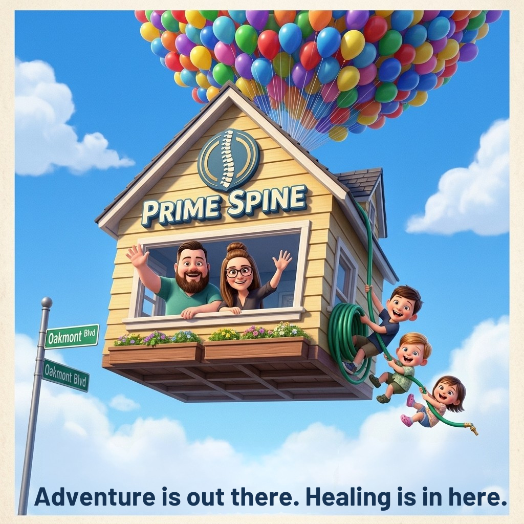 Prime Spine House Call — Pixar Up-style floating-house illustration, tagline adventure is out there and healing is in here