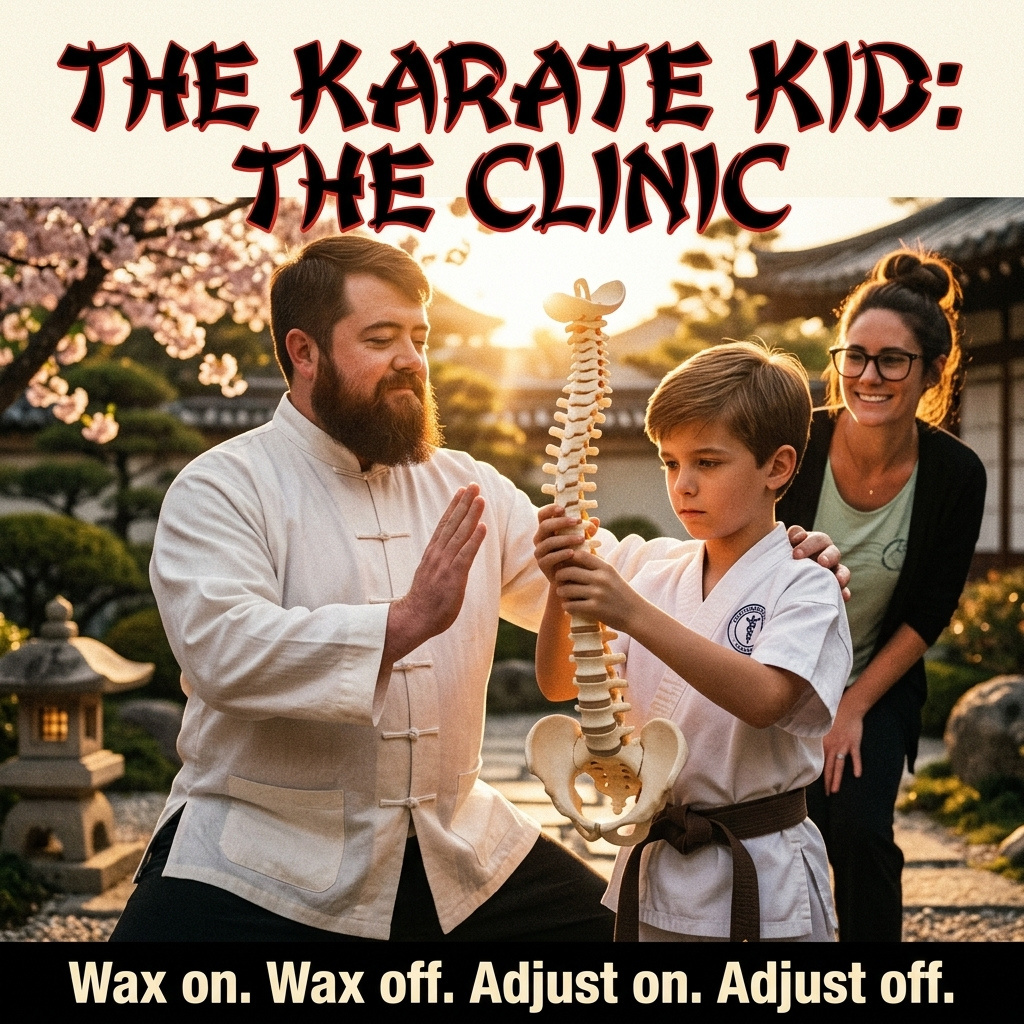 The Karate Kid: The Clinic — Dr. Mac mentoring a young patient through an adjustment in a cherry-blossom dojo setting