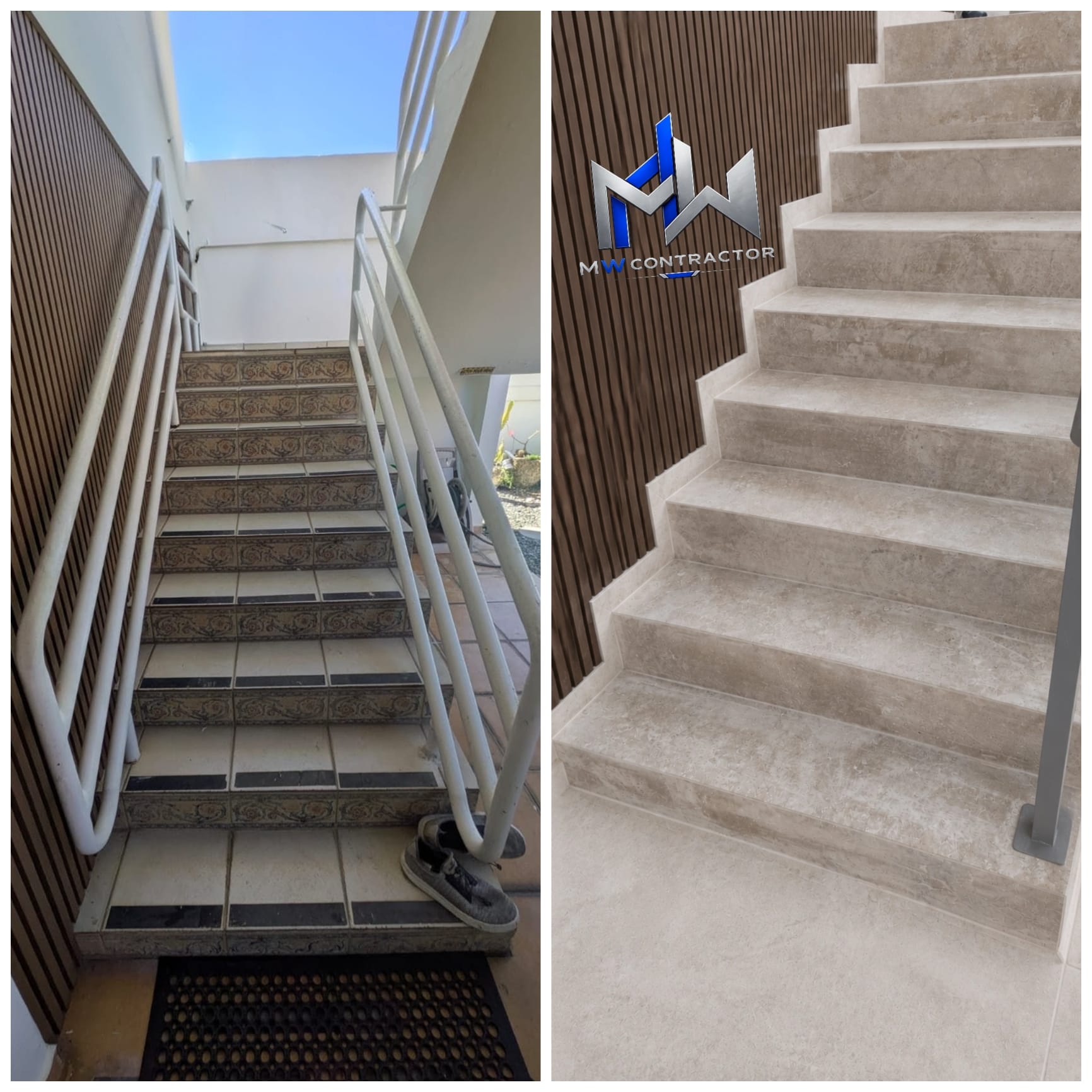 Antes y después reales de una remodelación de escalera realizada por MW Contractor en Puerto Rico: lado izquierdo con losas decorativas antiguas y barandas blancas, lado derecho con terminación moderna, nueva baranda y pared decorativa de listones verticales