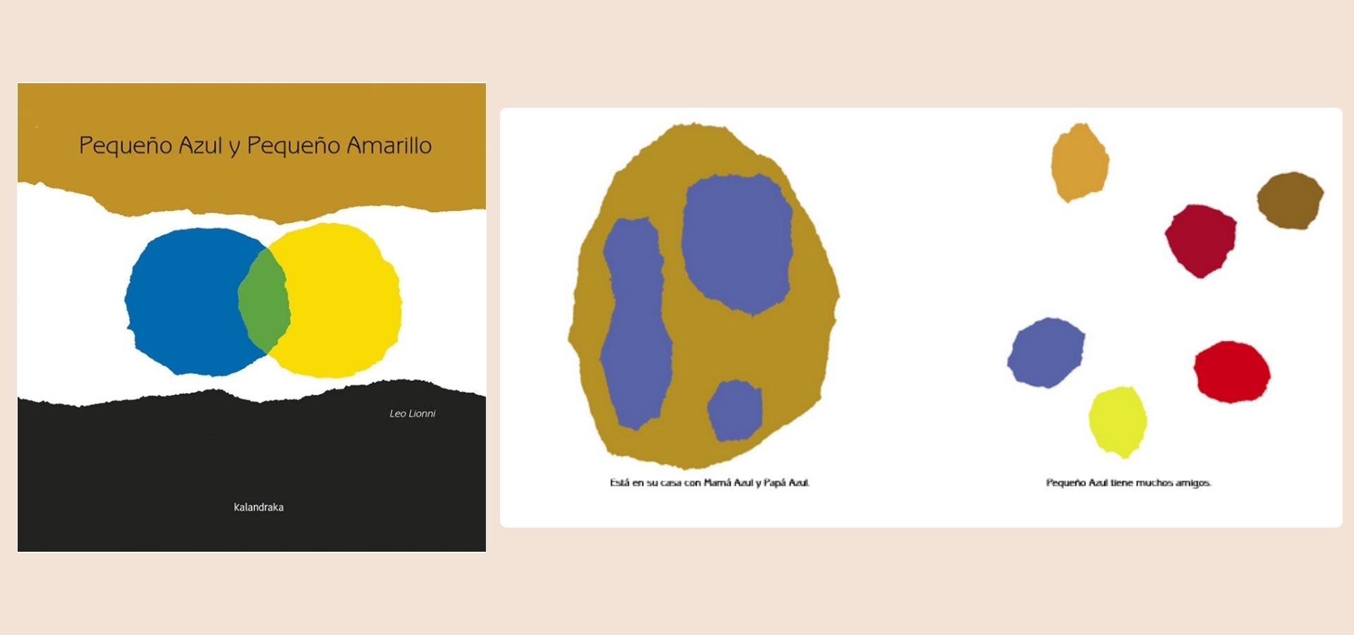 Portada del cuento Pequeño azul y pequeño amarillo de Leo Lionni con manchas de colores primarios