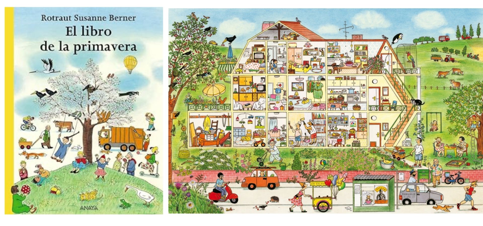 Libro grande con ilustraciones detalladas de escenas primaverales con muchos personajes y actividades