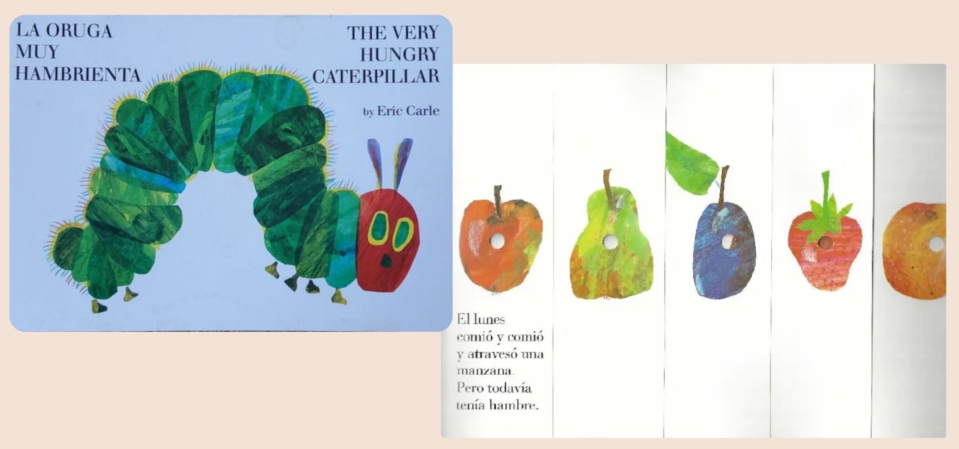 Portada del libro La oruga muy hambrienta de Eric Carle con oruga colorida sobre fondo rosa Portada del libro La oruga muy hambrienta de Eric Carle con oruga colorida sobre fondo rosa