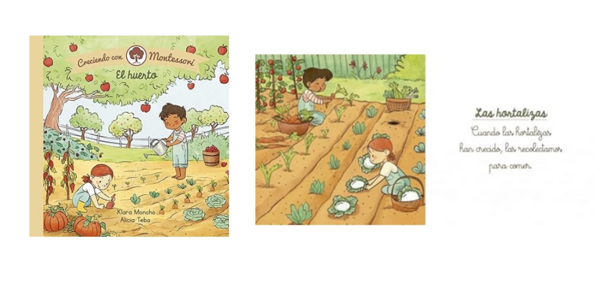 Libro de creciendo con Montessori sobre el huerto con ilustraciones realistas 