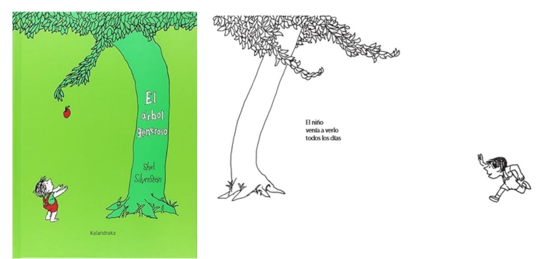 Ilustración en tinta del libro El árbol generoso mostrando árbol frondoso de primavera