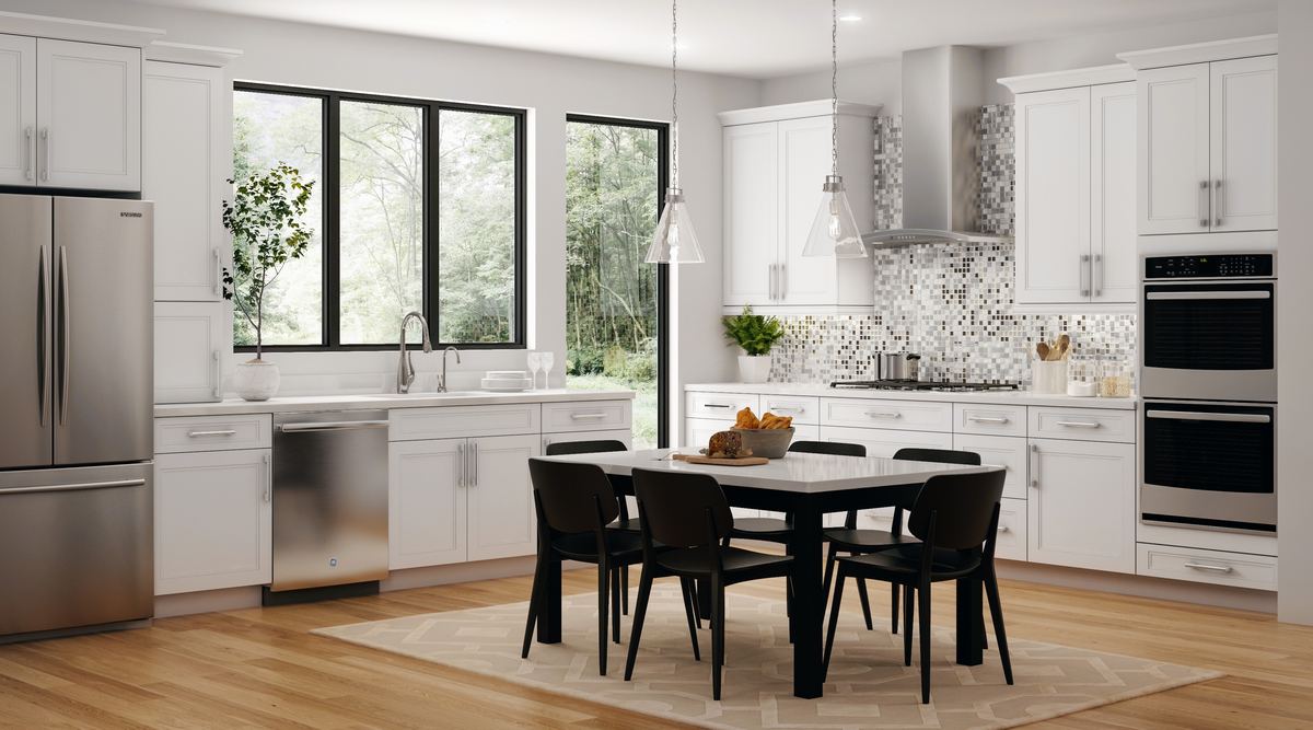 Open white kitchen with a dining table and large black-framed windows