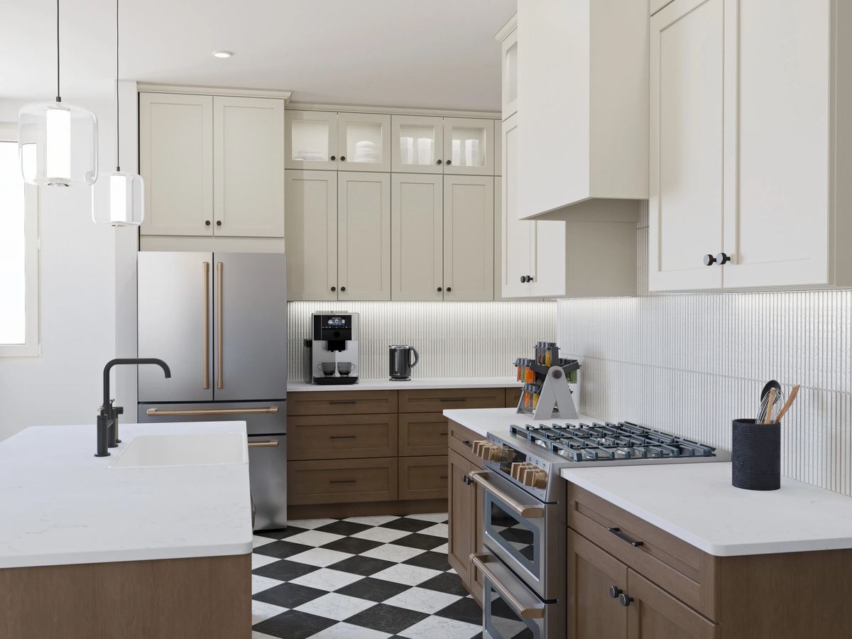Two-tone kitchen with white upper cabinets and warm wood-tone base cabinets