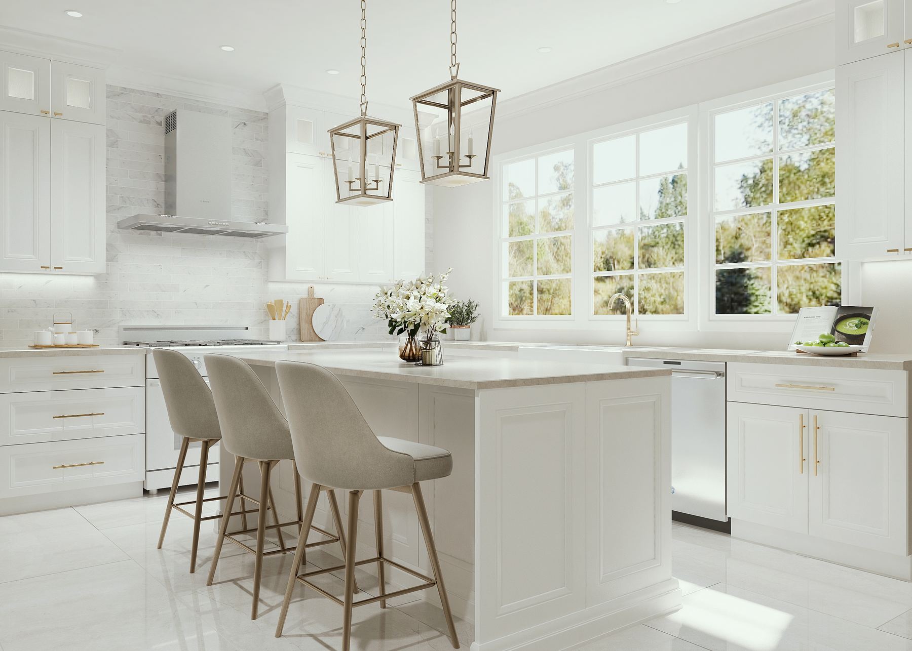 Bright kitchen with white shaker cabinets, a large island with three stools, and brass lantern pendants by a wall of windows
