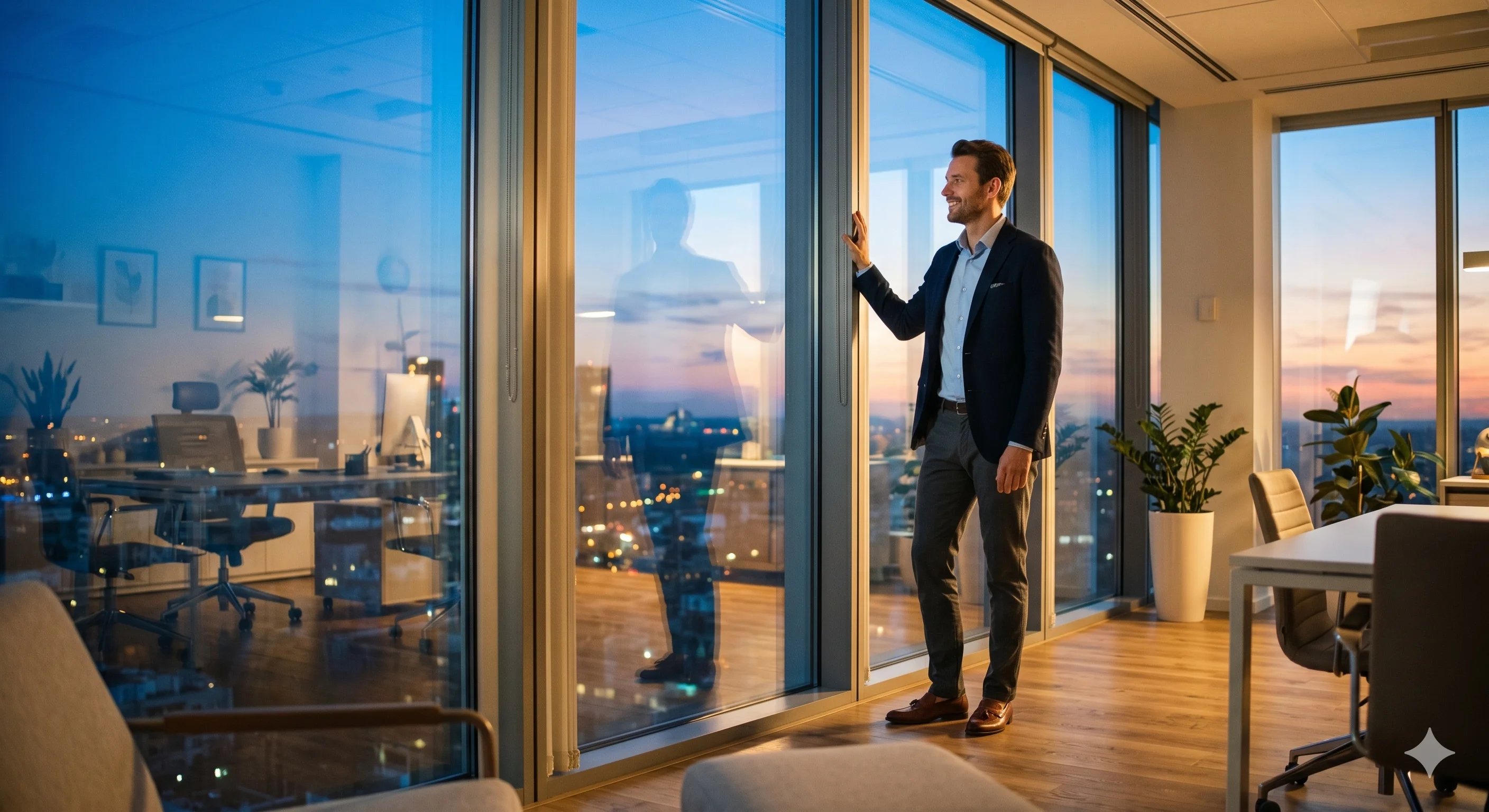 Successful entrepreneur looking out over city skyline from modern office