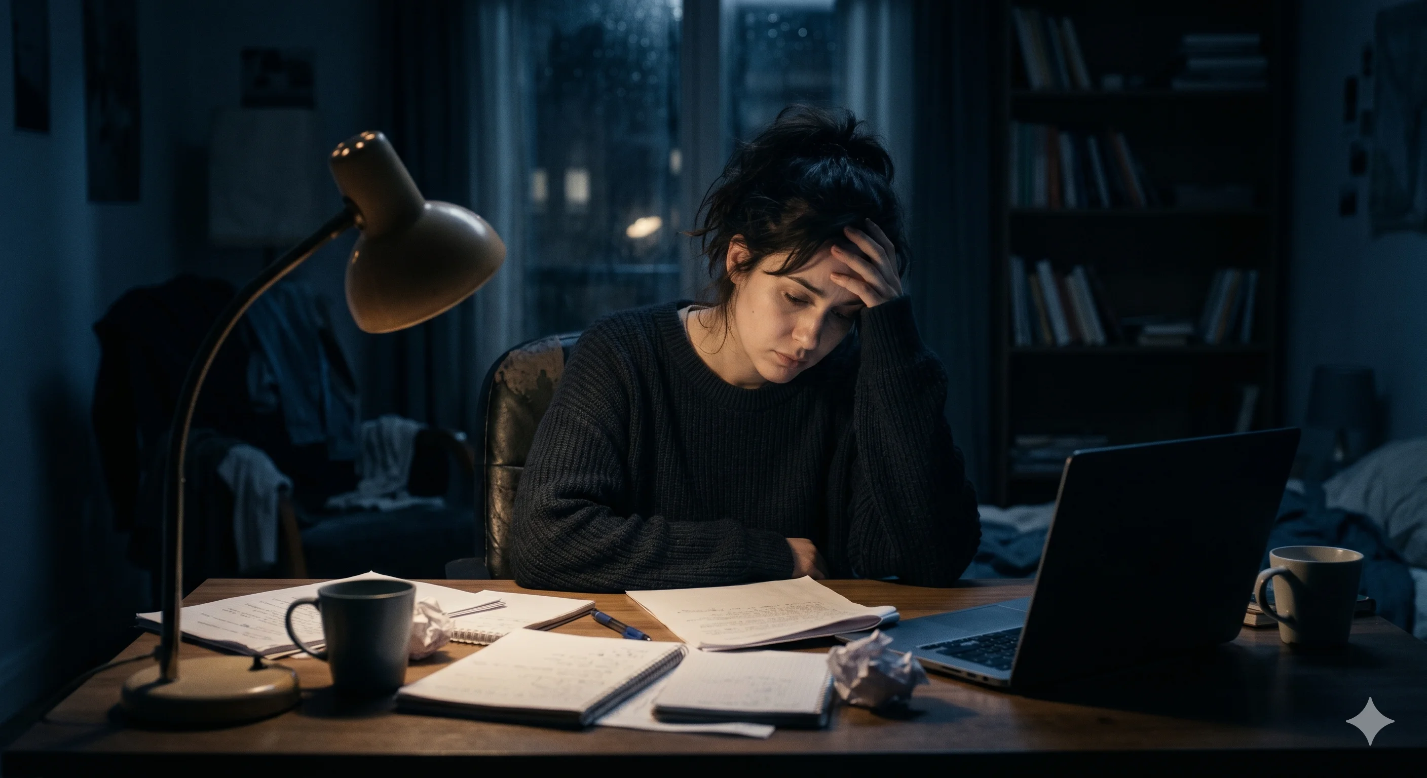 Overwhelmed entrepreneur at desk late at night