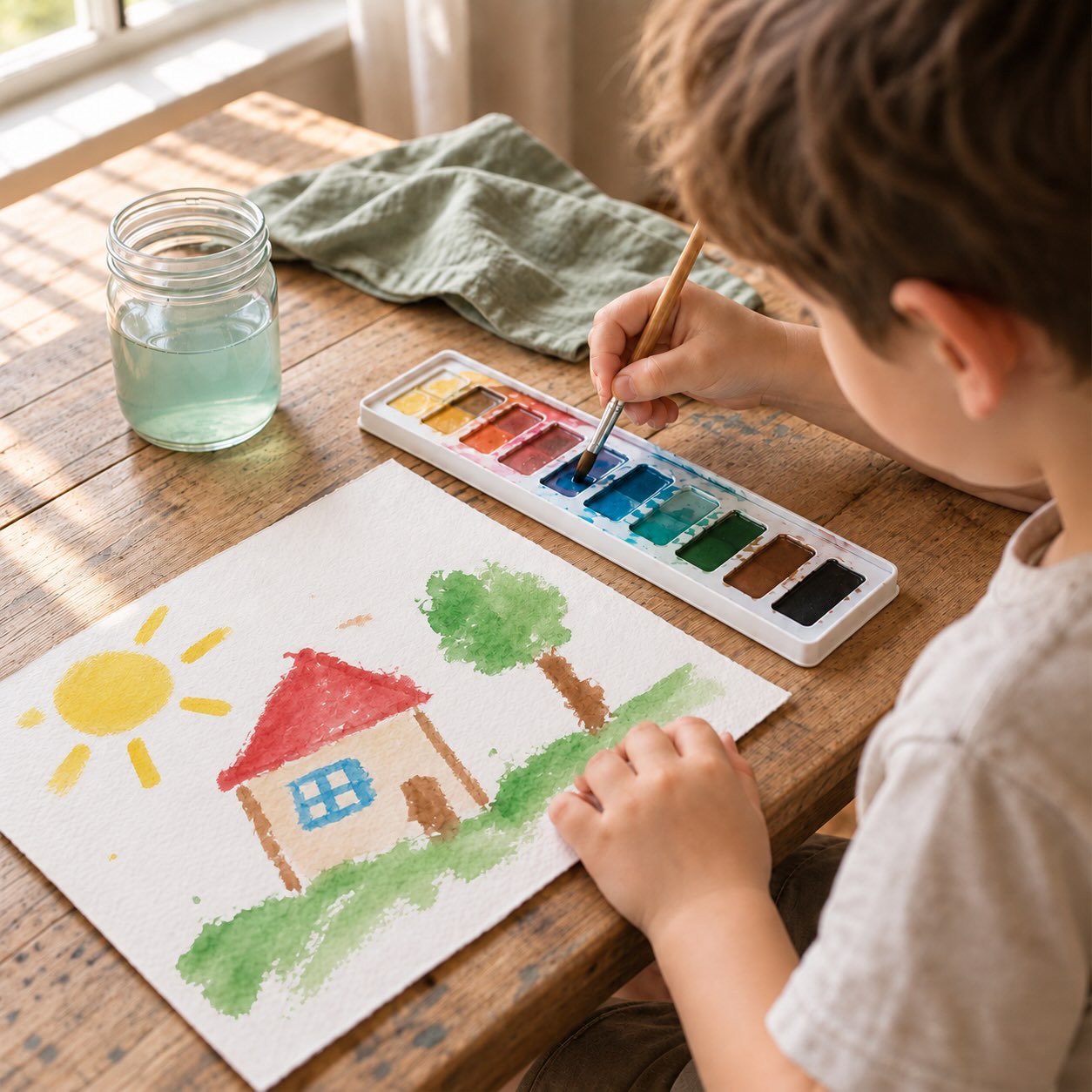 Child peacefully engaged in creative watercolour painting