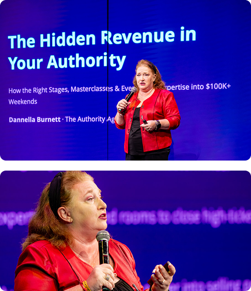 Close-up of Dannella Burnett speaking on stage with an audience visible in the background.