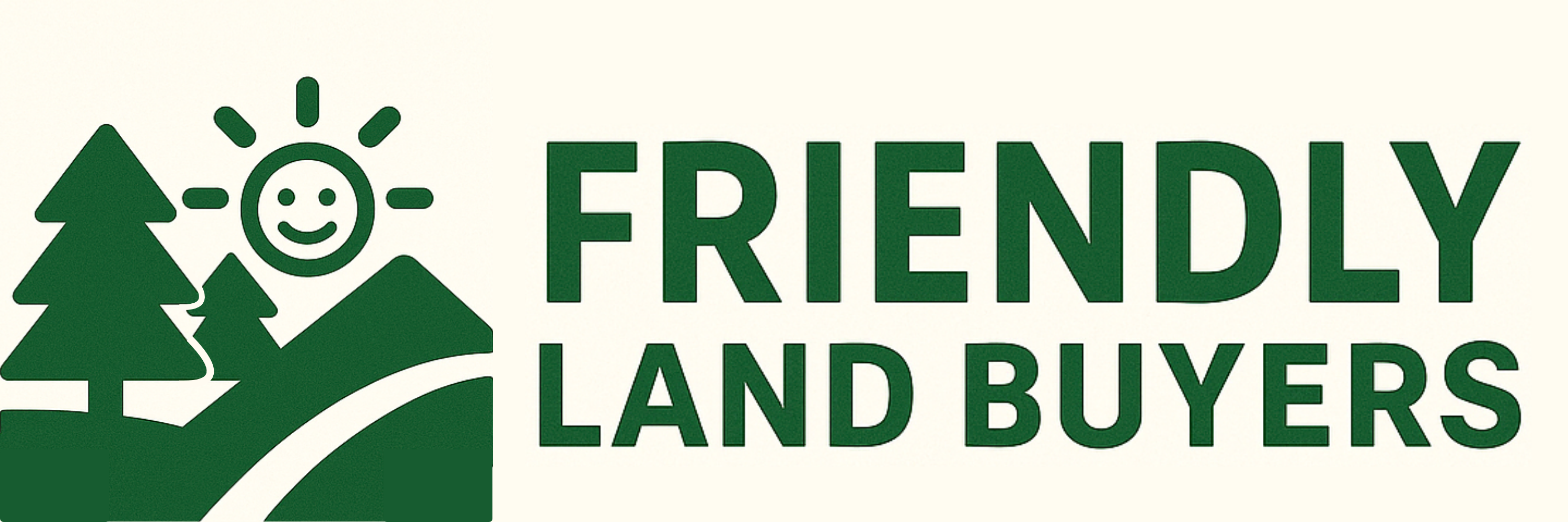 A professional real estate logo for 'FRIENDLY LAND BUYERS' featuring a minimalist design with a white stick figure icon against a clean background. The figure has green triangular accents on both sides and showcases a prominent handshake symbol in the center, representing trust and fair business dealings. The company name appears in bold, black capital letters to the right of the icon. This logo effectively communicates professional land buying services, trustworthy transactions, and friendly customer service for those looking to sell property, inherited land, or vacant lots.