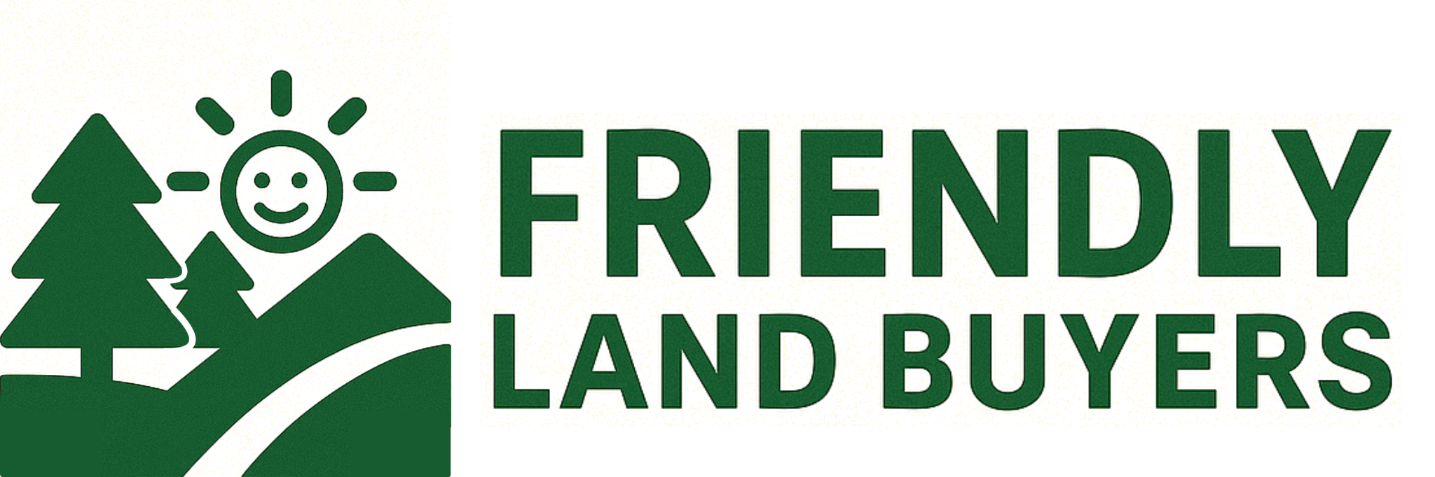 A professional real estate logo for 'FRIENDLY LAND BUYERS' featuring a minimalist design with a white stick figure icon against a clean background. The figure has green triangular accents on both sides and showcases a prominent handshake symbol in the center, representing trust and fair business dealings. The company name appears in bold, black capital letters to the right of the icon. This logo effectively communicates professional land buying services, trustworthy transactions, and friendly customer service for those looking to sell property, inherited land, or vacant lots.
