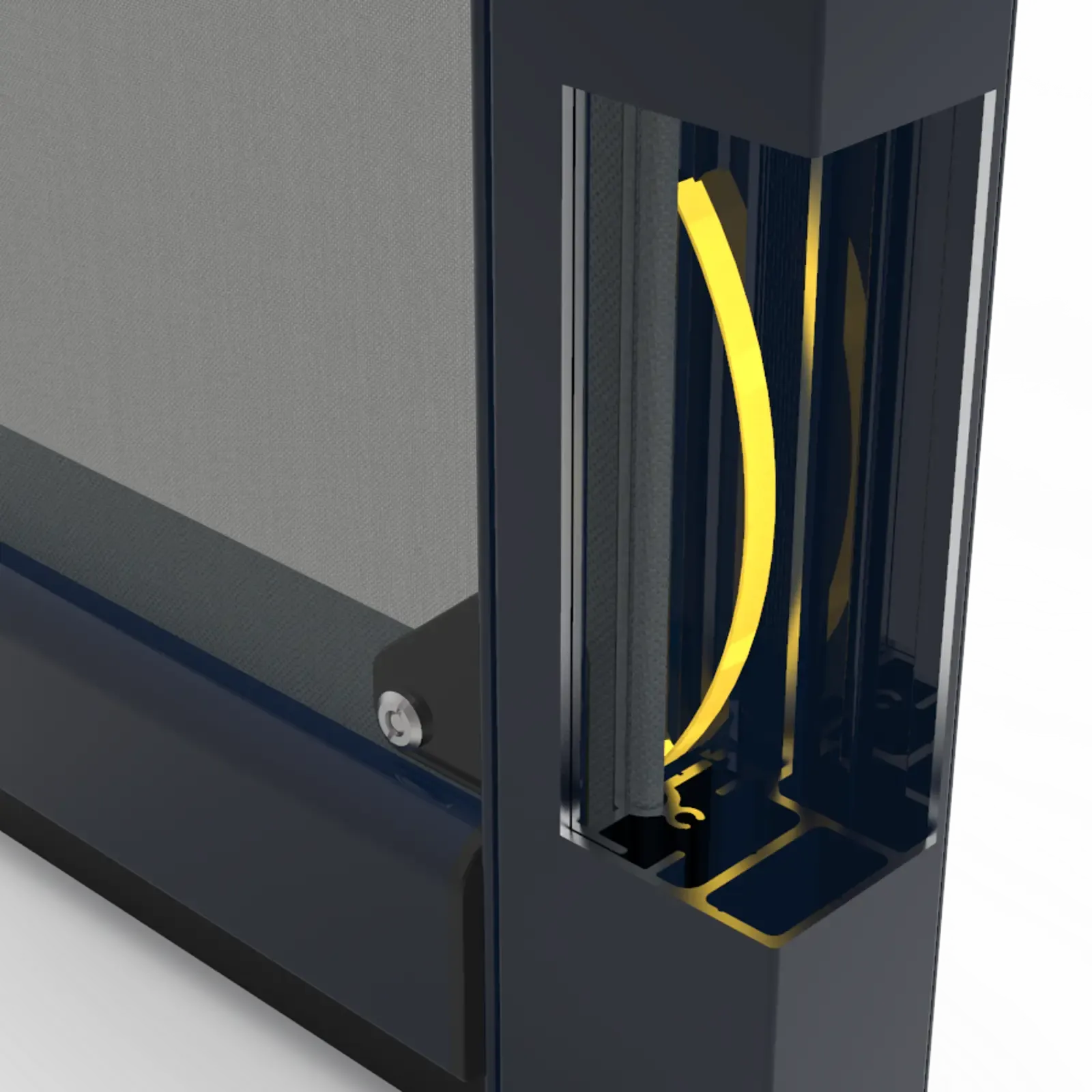 Go-Fenetex One-Track quiet spring tensioning system for silent motorized patio screen operation