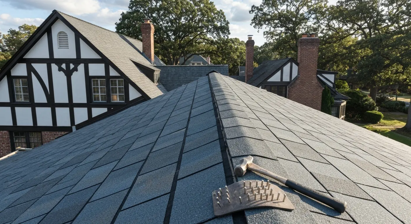 New roof installation on Tudor-style home