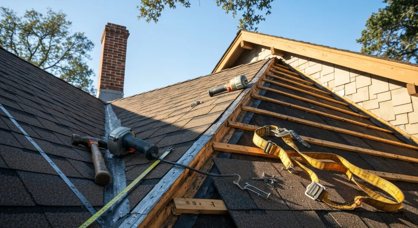 Roof repair work on historic Heights home