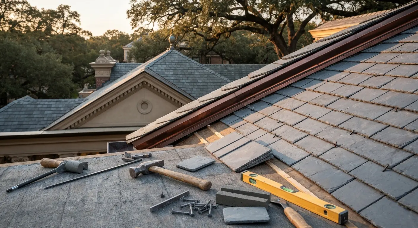 Roof repair work on River Oaks home