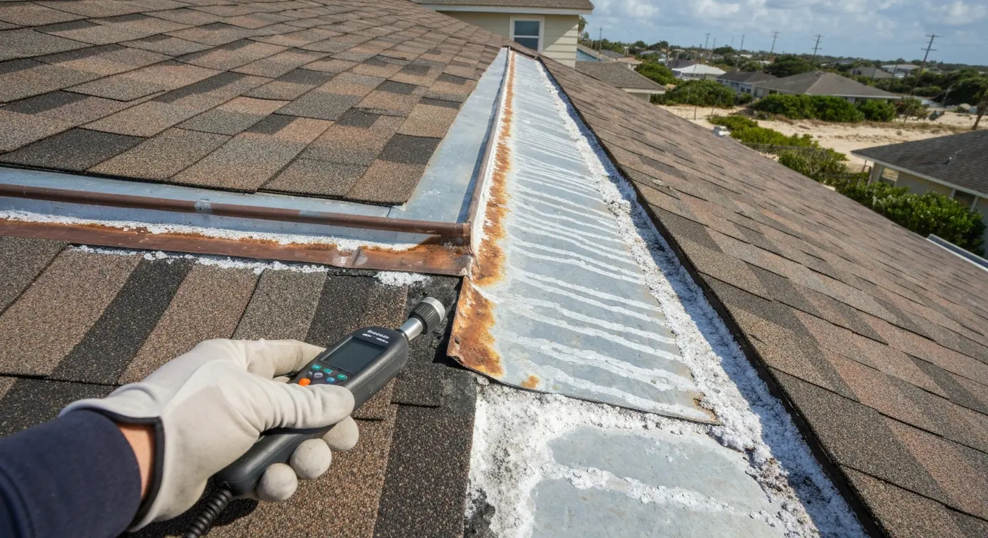 Professional roof inspection showing salt corrosion on flashing
