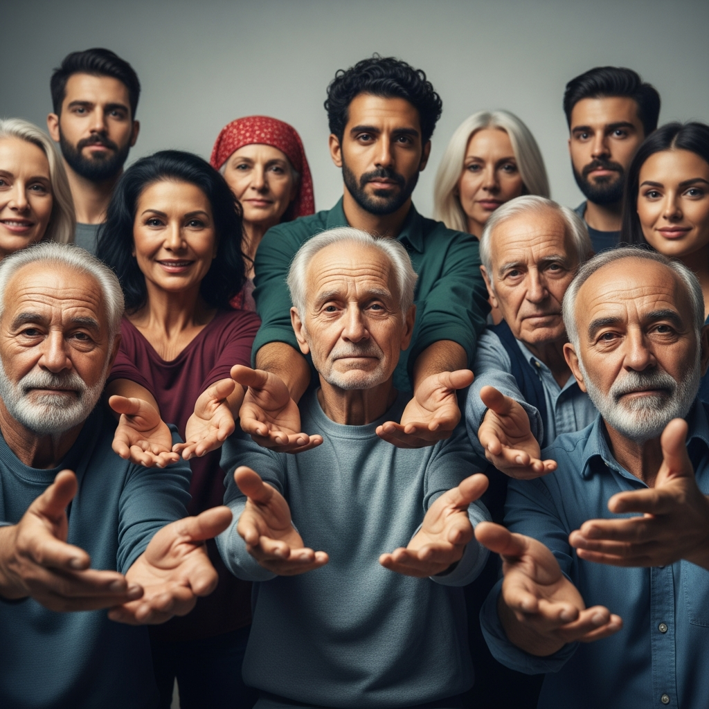 A group of people of all ages reaching out with open hands
