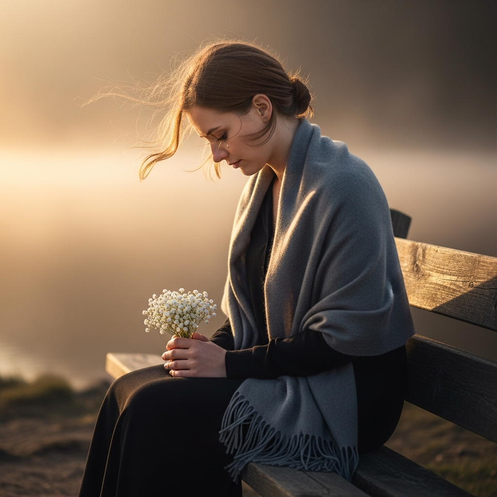 A woman sitting quietly with flowers at sunrise
