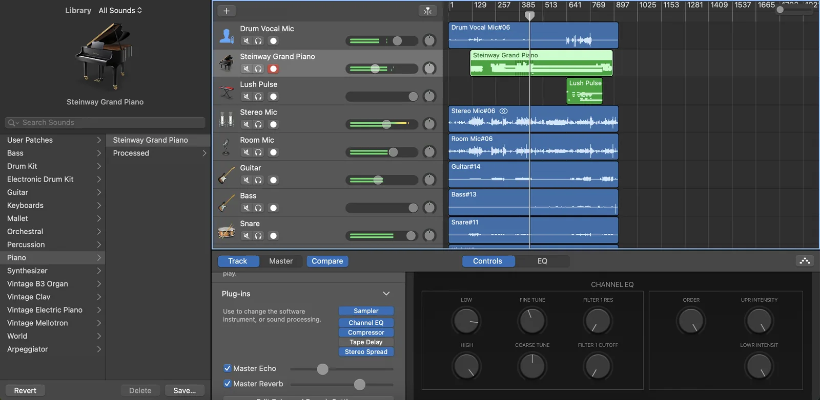 GarageBand showing separate recorded instrument and vocal tracks.