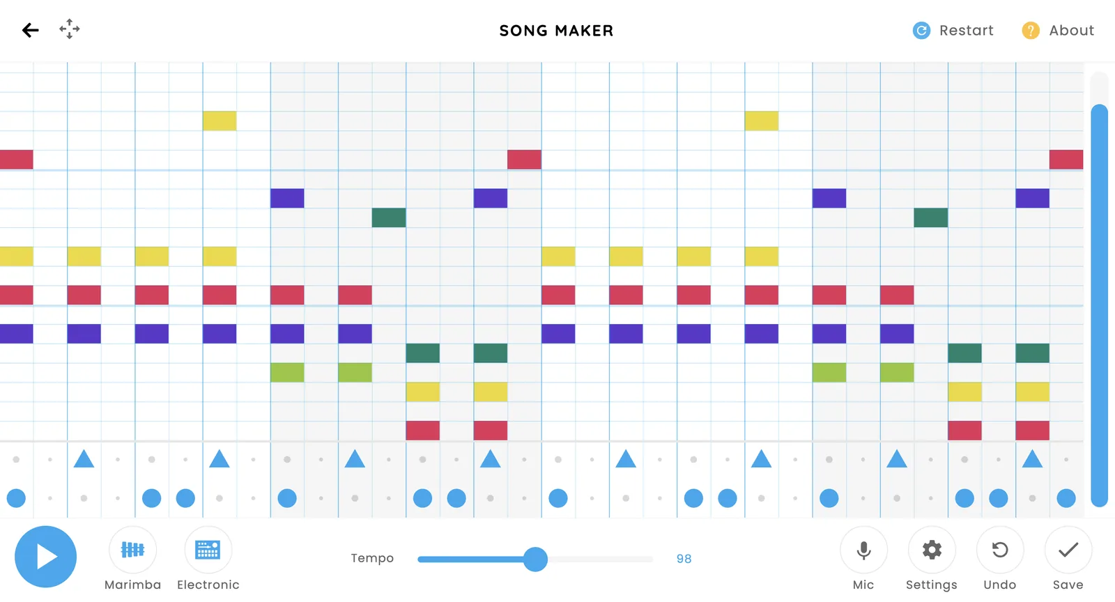 A colour-coded Song Maker grid showing melody and rhythm.