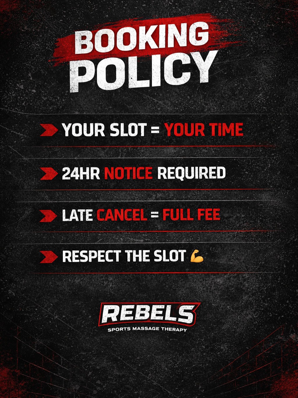 Booking policy — Your slot = your time. 24 hours' notice required. Late cancel = full fee.