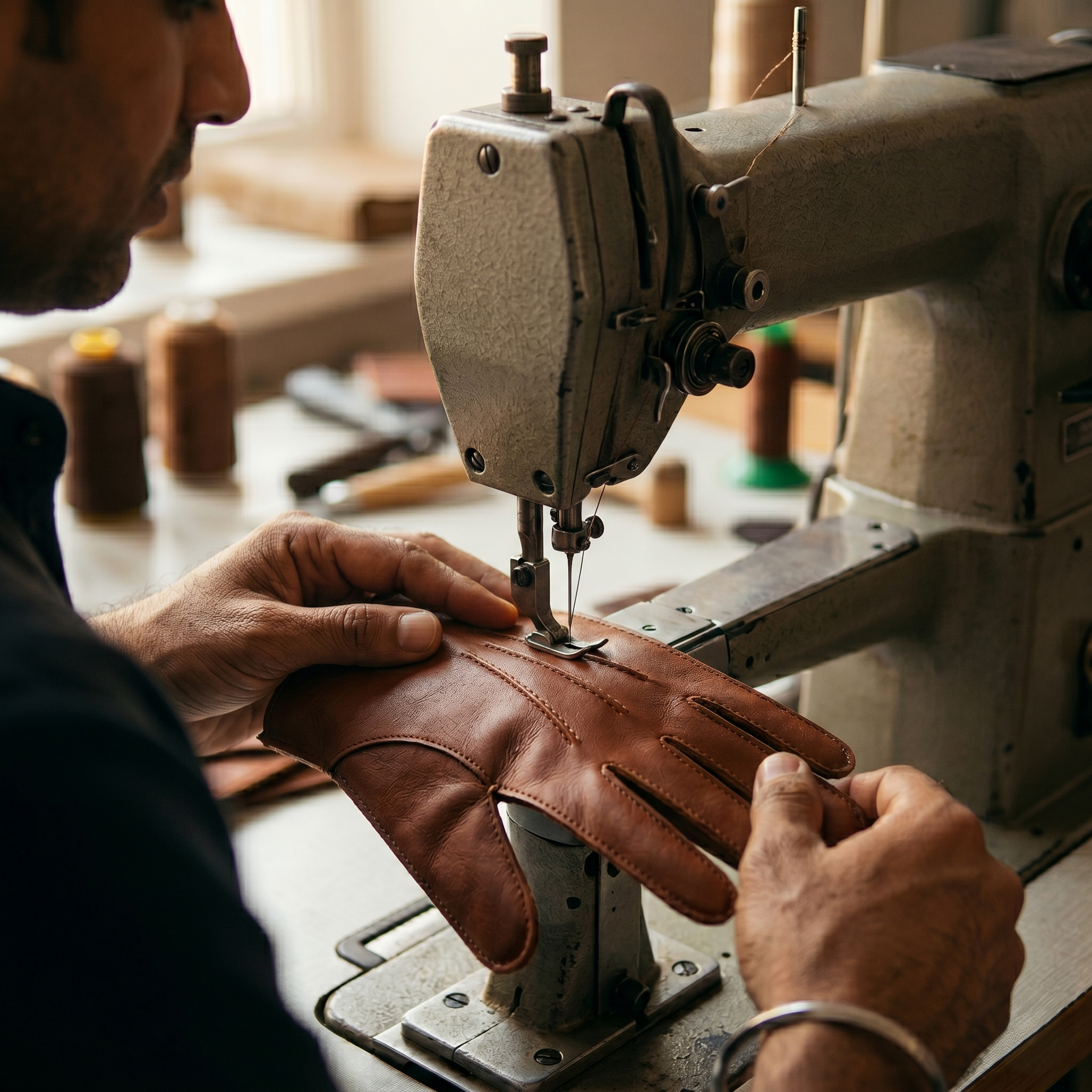 Leather stitching process for safety gloves at Noor Sons