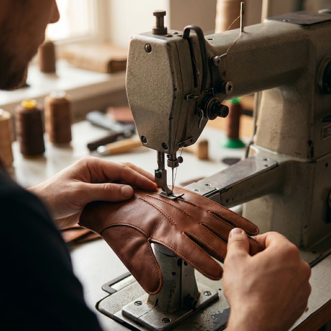Leather stitching process for safety gloves at Noor Sons