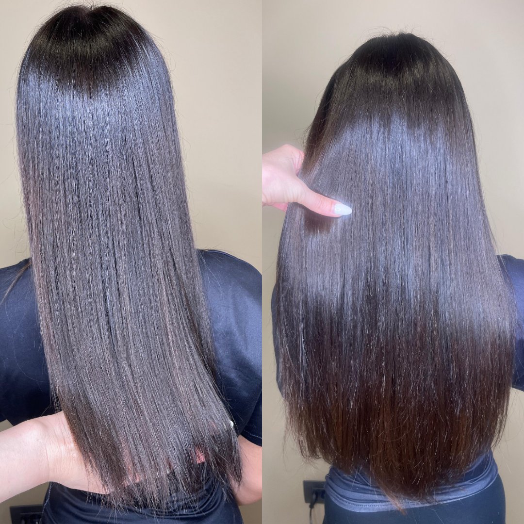 Extension nano ring Verona prima e dopo capelli scuri lisci lunghi — Kherapy