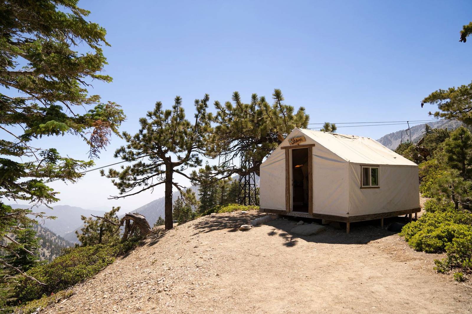 Canvas tent cabin among the pines