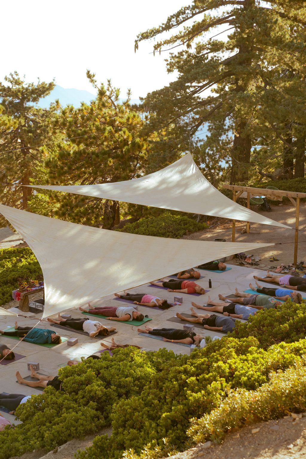 Yoga under shade sails at the top of Mt Baldy