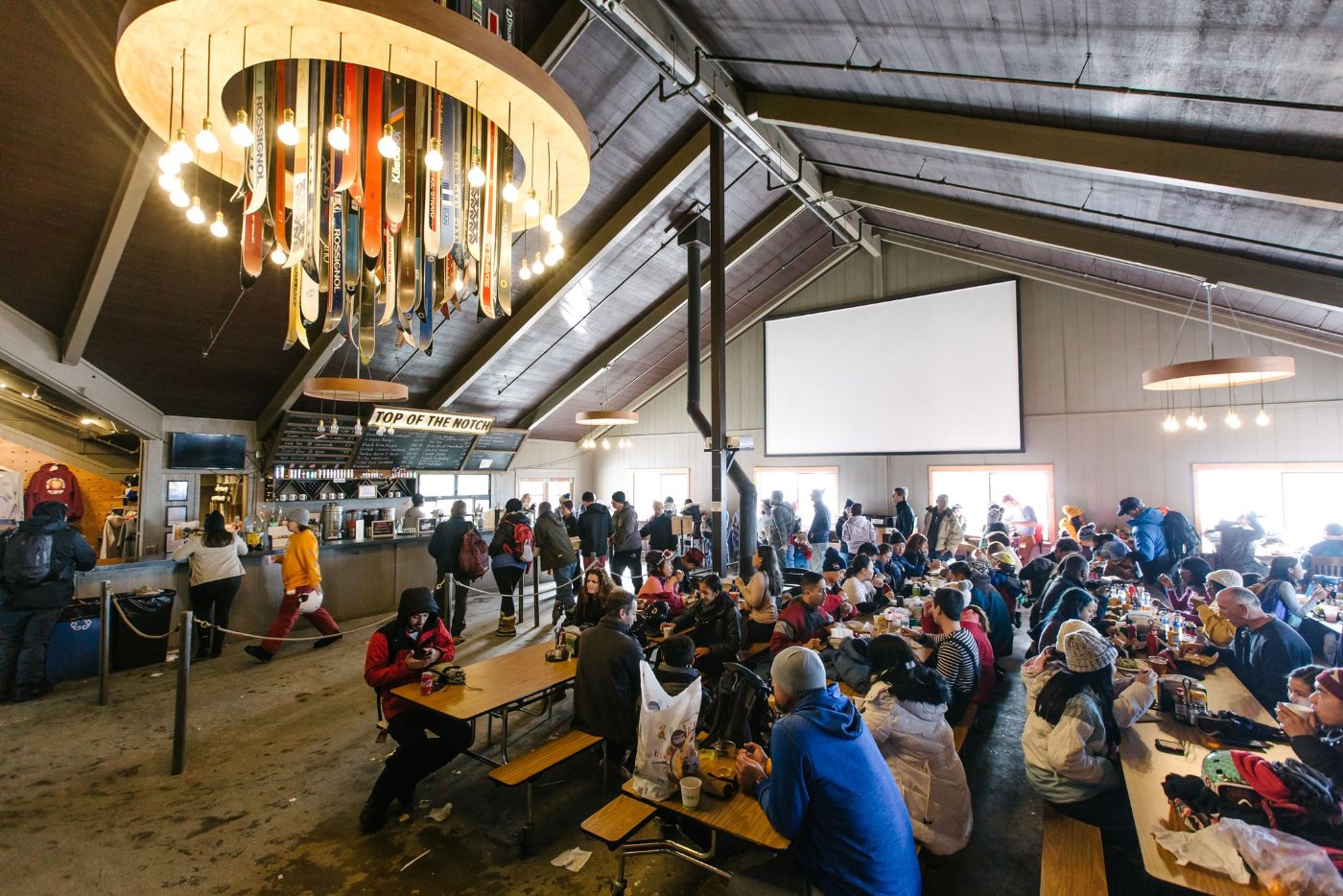 The dining hall full of skiers in winter