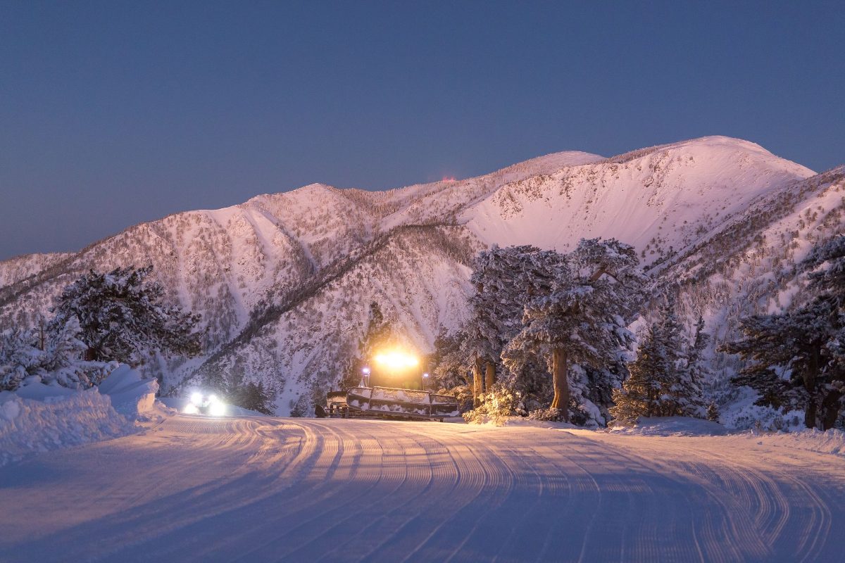 Top of the Notch lit up at dusk in the snow