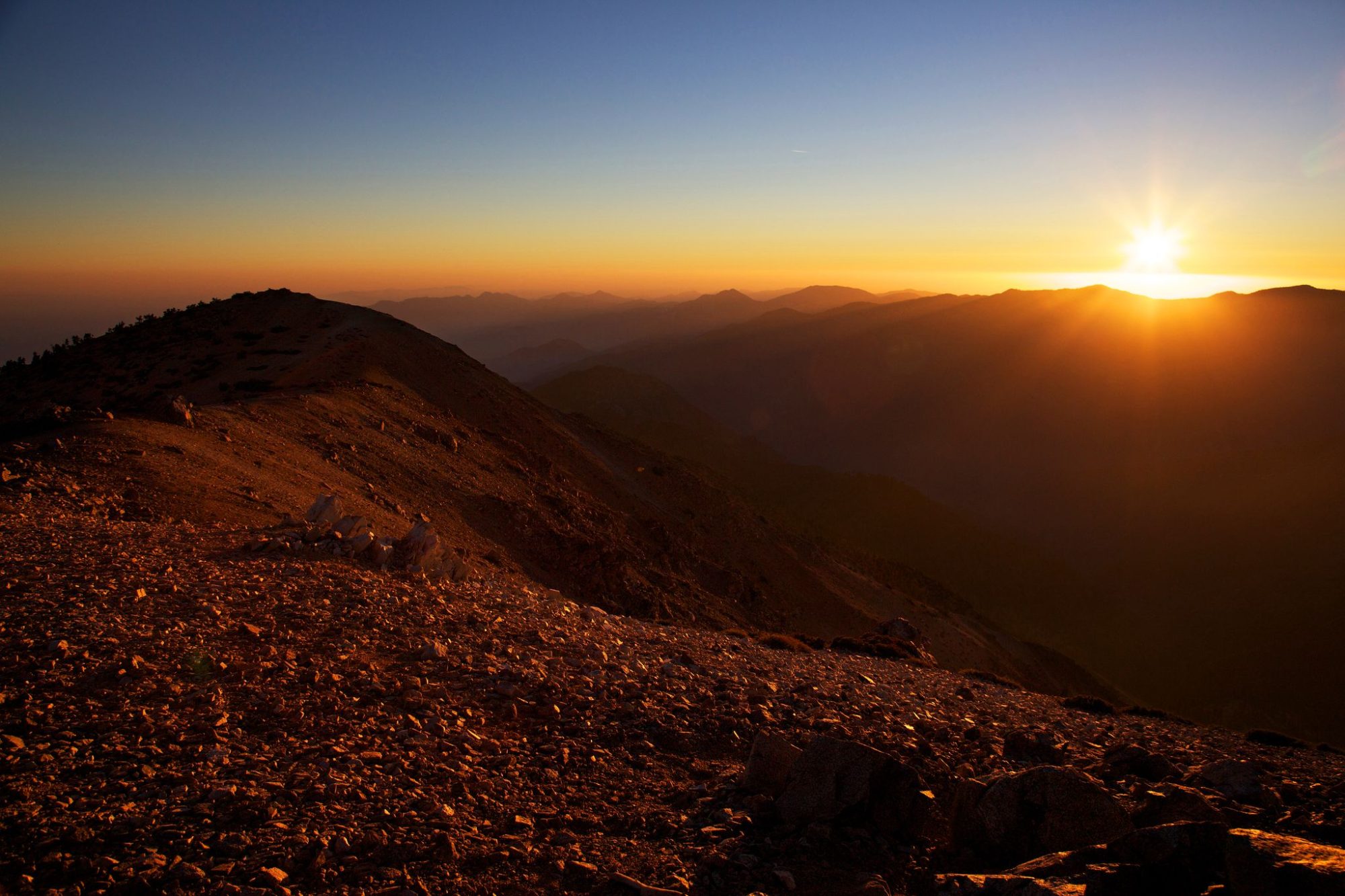 Golden sunset over the ridge on Mt Baldy