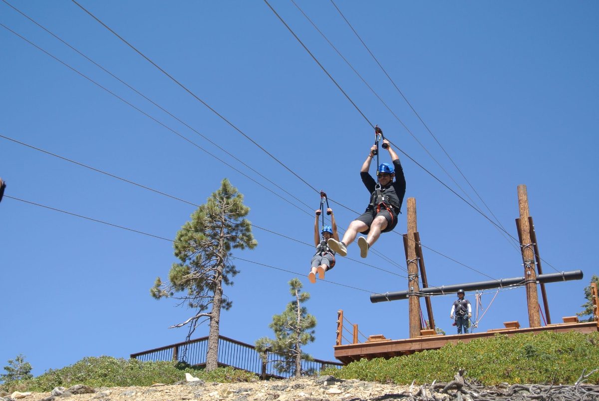 A rider on the Mt Baldy zip line against a blue sky