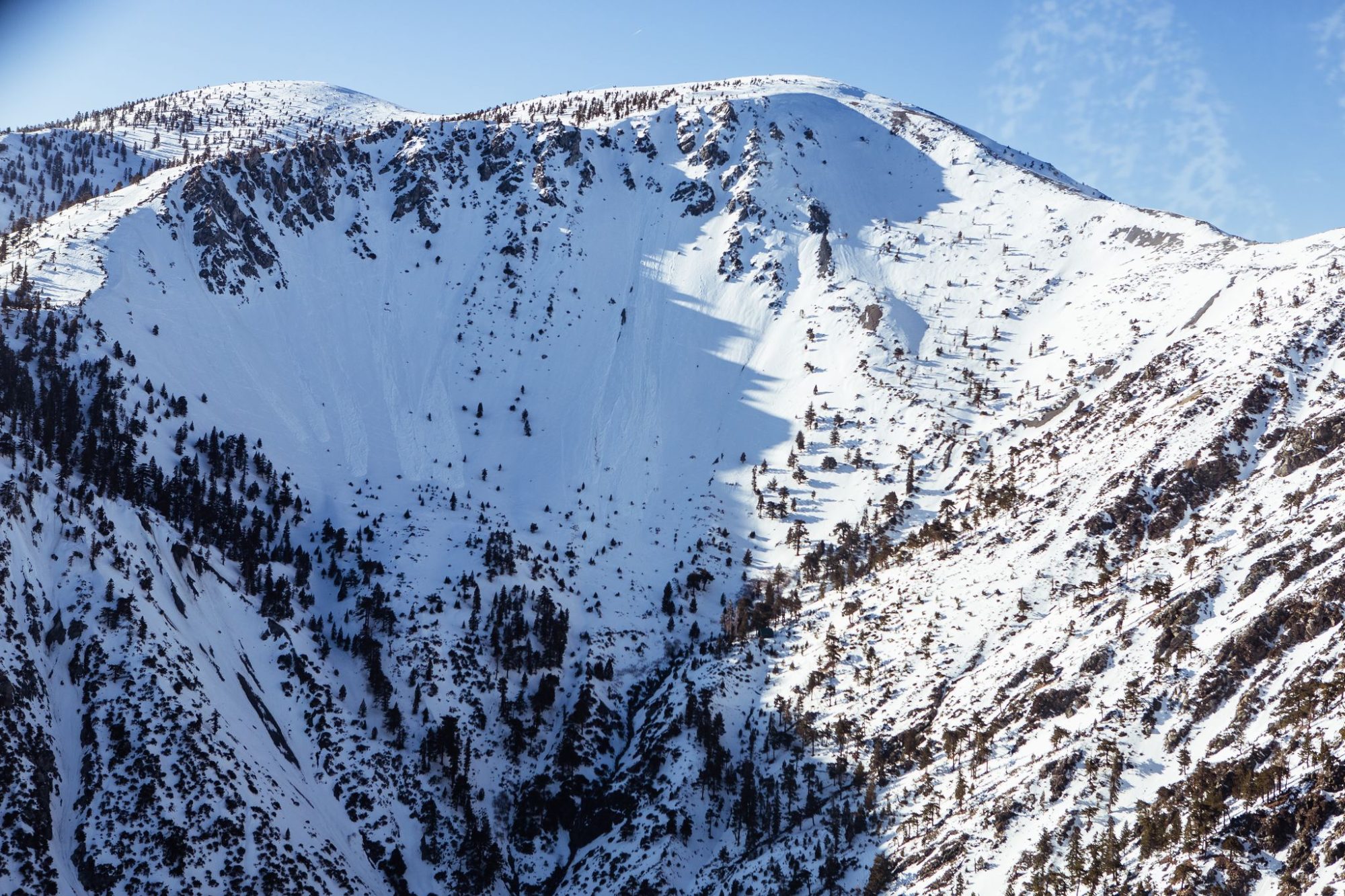 A snowy bowl and peaks under a blue sky on Mt Baldy