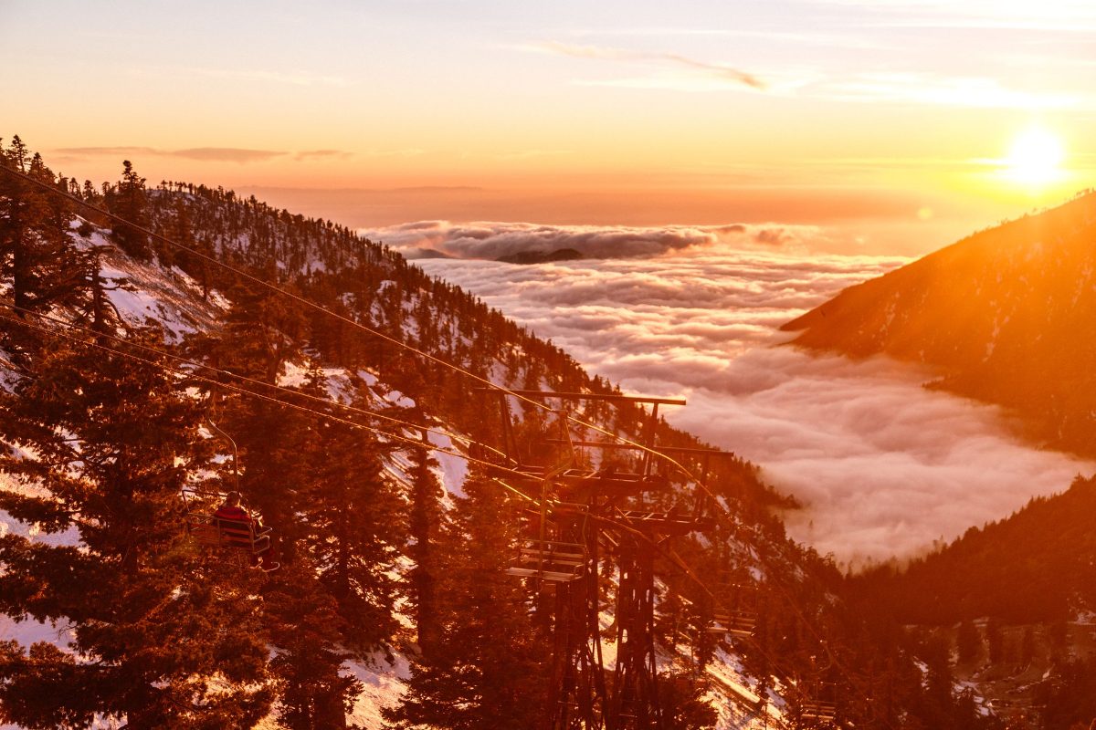 Sunset over the clouds through snowy trees