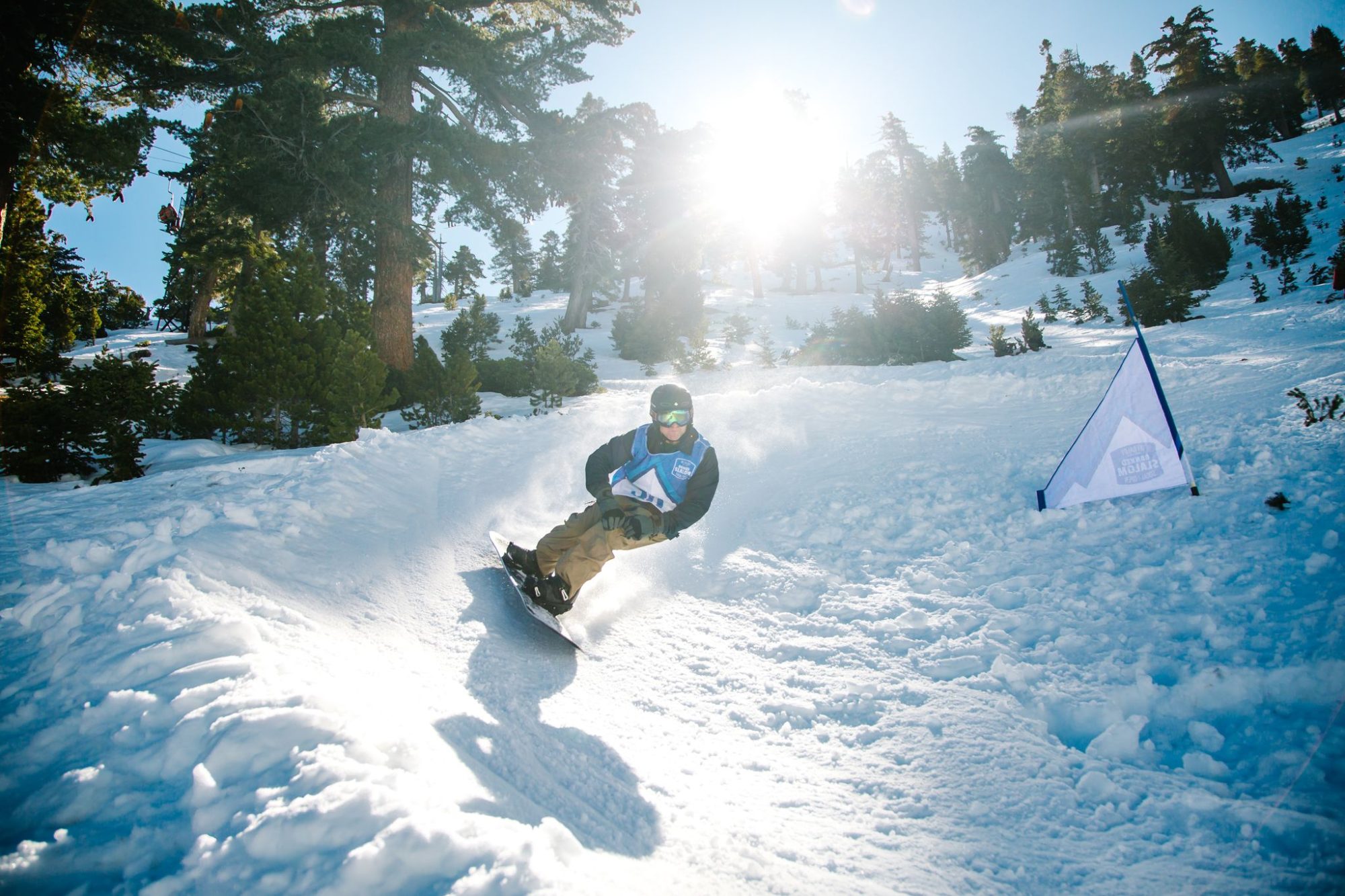 A Banked Slalom rider racing through the gates